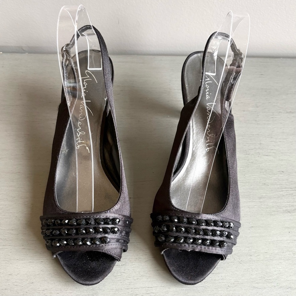 Gloria Vanderbilt Sling Back Satin Beaded Peep Toe Heels Shoes Women 7.5W Black - Picture 4 of 15